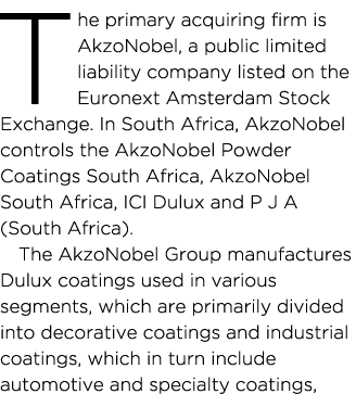 The primary acquiring firm is AkzoNobel, a public limited liability company listed on the Euronext Amsterdam Stock Ex...