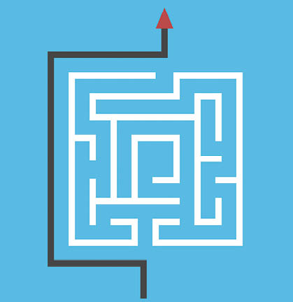 Square maze, way around it. Simplicity, simple efficient solution of dfficult problem, shortcut and creativity concept. Flat design. Raster copy