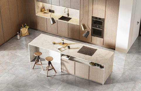 High angle view of a modern home kitchen interior with chairs at kitchen island. Kitchen interior in 3d render.