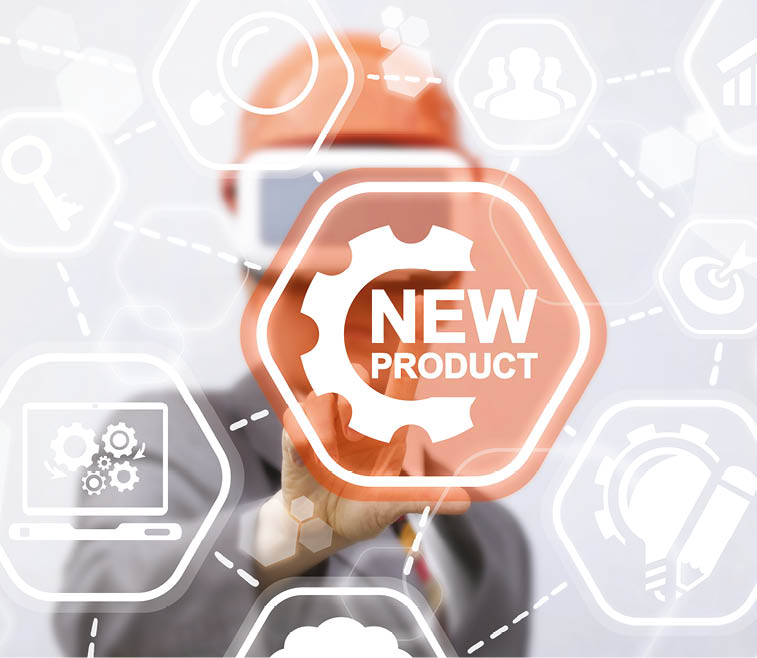 New Product Augmented Reality Business Development Concept. Man offers new product gear icon on virtual screen. 3D Developing, engineering, view, represent in VR glasses (helmet). BIM, designing.