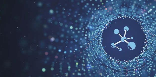 Scientific medical research vector web banner. Science abstract blue background with motion blur particles