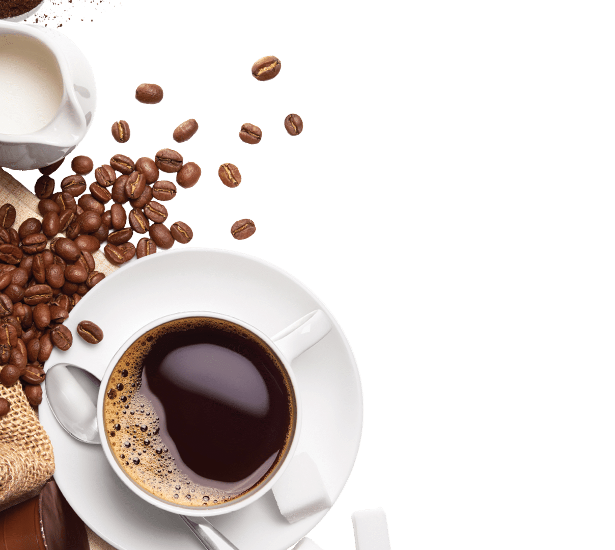 Cup of hot coffee and other ingredients over white background