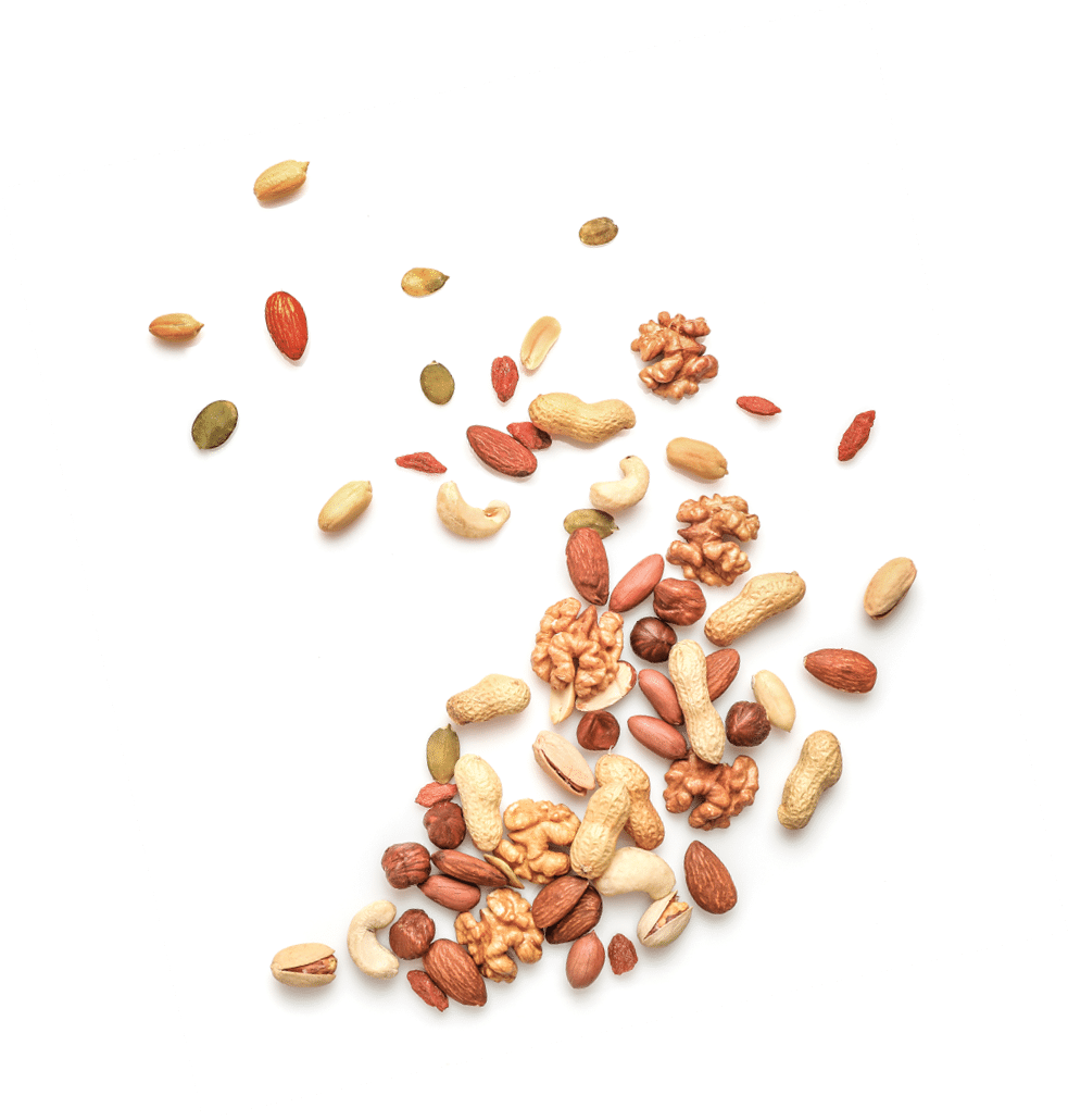 Mixed nuts isolated on white background. Top view. Copy space.