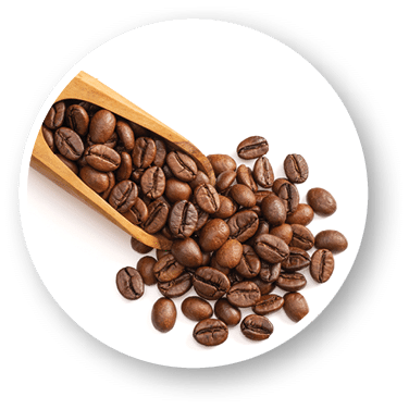 Coffee beans in the wooden scoop, isolated on white background, top view