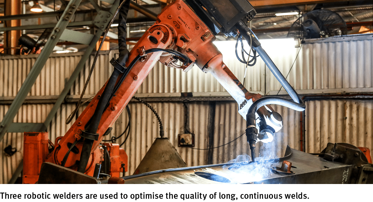 Three robotic welders are used to optimise the quality of long, continuous welds