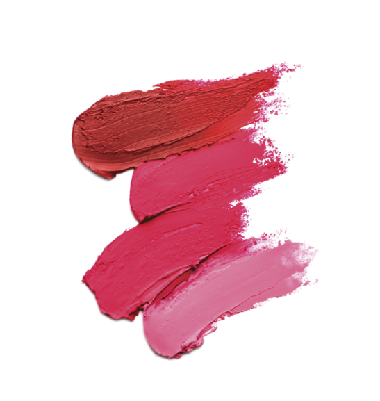 Smears of bright lipsticks on white background, top view