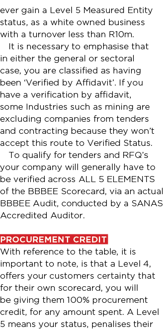 ever gain a Level 5 Measured Entity status, as a white owned business with a turnover less than R10m. It is necessary...
