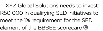 XYZ Global Solutions needs to invest: R50 000 in qualifying SED initiatives to meet the 1% requirement for the SED el...