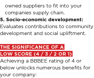 owned suppliers to fit into your companies supply chain. 5. Socio economic development: Evaluates contributions to co...
