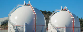 Two liquefied gas storage tanks. LNG/LPG storage plant.