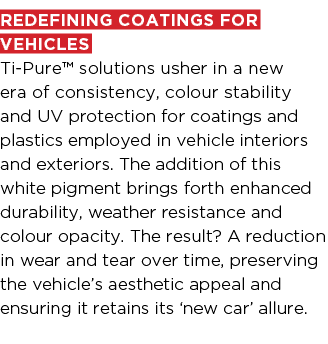 redefining coatings for vehicles Ti Pure™ solutions usher in a new era of consistency, colour stability and UV protec...