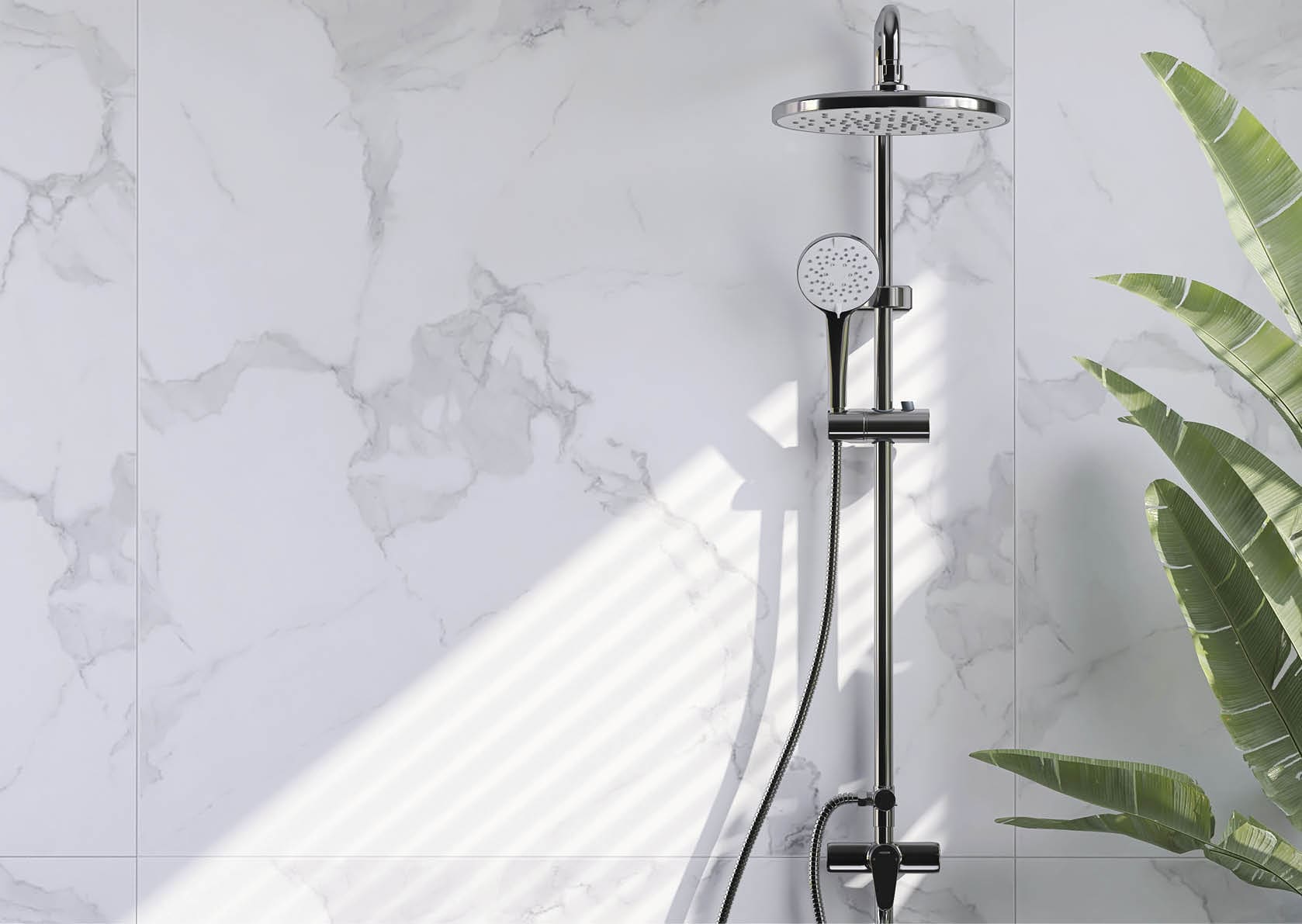 Modern and minimal bathroom design with shiny stainless steel rain shower, shower head on slide bar on beautiful white marble wall and banana tree with sunlight from window blinds for home interior decoration, architecture and design background